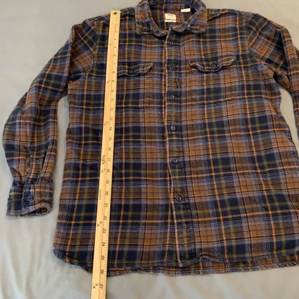 Levis Shirt Mens Medium Blue Brown Plaid‎ Flannel Button Front Relaxed Fit